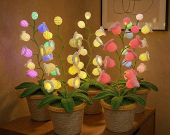 Crocheted Flower Lamp: Yarn Knit Floral Night Light, Boho Cottagecore Table Decor