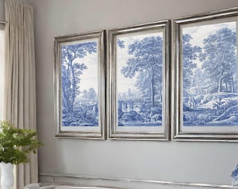 Juego de 3 impresiones artísticas de pared, póster de Toile de Jouy, decoración del hogar en azul y blanco, galería de pared grande, arte de pared para sala de estar, adorno de dormitorio holandés