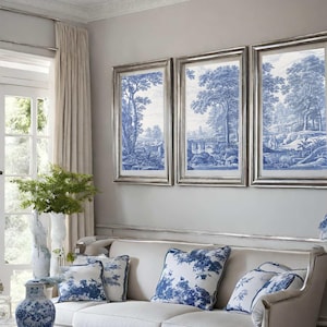 Ensemble de 3 estampes d’art mural, affiche toile de jouy, décoration intérieure bleu blanc, grande galerie murale, mur d’art du salon, ornement de chambre français