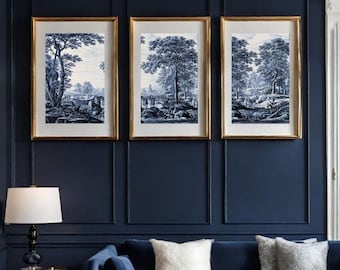 Juego de 3 impresiones artísticas de pared, póster de Toile de Jouy, decoración del hogar azul marino y blanco, galería de pared grande, pared artística de sala de estar, adorno de dormitorio holandés