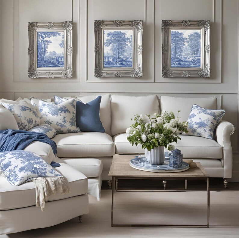 Set of 3 Wall Art Prints, Toile De Jouy Poster, Blue White Home Decor ...