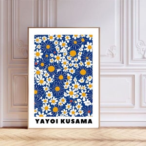 Impression d'art de Yayoi Kusama, affiche de fleurs bleues, décoration intérieure, art mural groovy, décoration de chambre moderne, dessin floral, peinture abstraite, art de marguerite