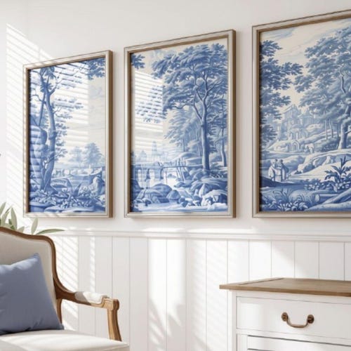 Set of 3 wall art prints, toile de jouy poster, blue white home decor, large wall gallery, livingroom art wall, dutch bedroom ornament