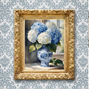 Impresión de arte de pared de hortensias, flores blancas azules, adorno de habitación, pintura de acuarela floral, decoración del hogar estilo chinoiserie, dibujo de flores en un jarrón