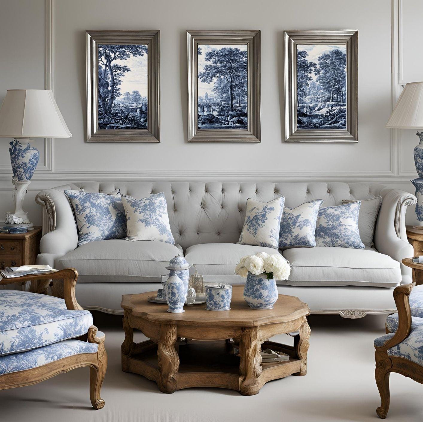 Set of 3 Wall Art Prints, Toile De Jouy Poster, Navy Blue White Home ...