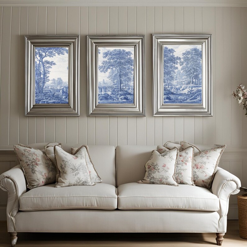 Set of 3 Wall Art Prints, Toile De Jouy Poster, Blue White Home Decor ...