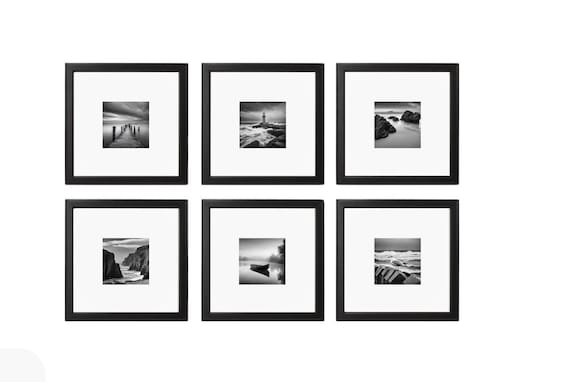 wall art set 6, black and white photo, room decor, coastal home gallery, sea landscape, monochrome seaside pictures, gray square prints