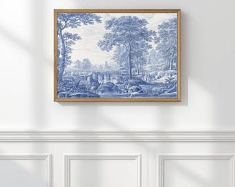 Lámina artística de Toile de Jouy, decoración de pared para dormitorio, tapiz azul y blanco, decoración del hogar, decoración antigua de los Hamptons, arte de Toile, arte mural francés