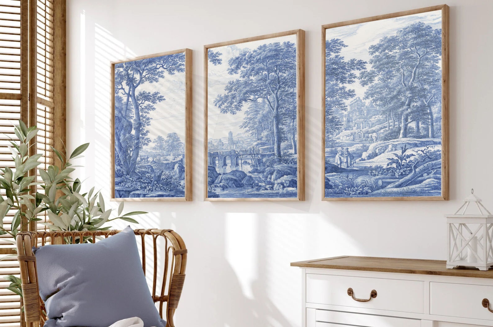 Set of 3 Wall Art Prints, Toile De Jouy Poster, Blue White Home Decor ...