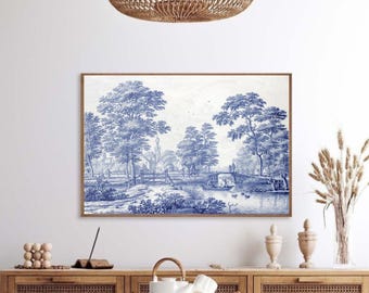 Lámina artística de Toile de Jouy, decoración de pared para dormitorio, tapiz azul y blanco, decoración del hogar, decoración antigua de los Hamptons, arte de Toile, arte mural francés