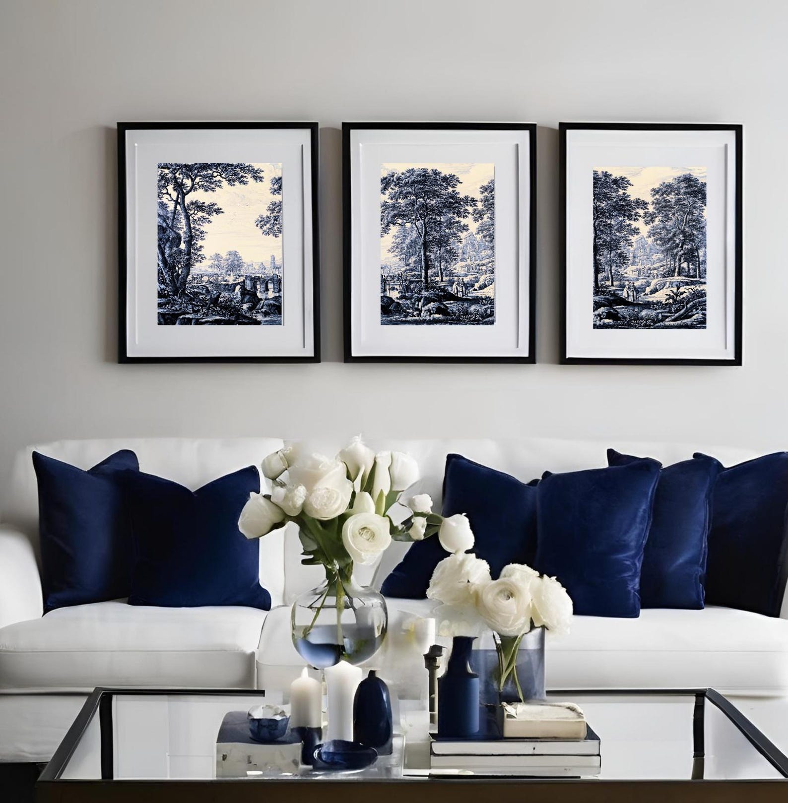 Set of 3 Wall Art Prints, Toile De Jouy Poster, Navy Blue White Home ...