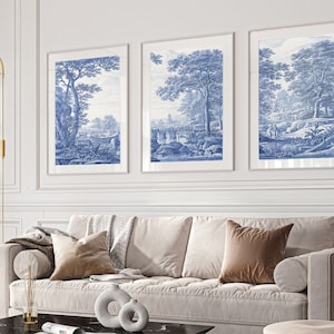 Juego de 3 impresiones artísticas de pared, póster de Toile de Jouy, decoración del hogar en azul y blanco, galería de pared grande, arte de pared para sala de estar, adorno de dormitorio holandés