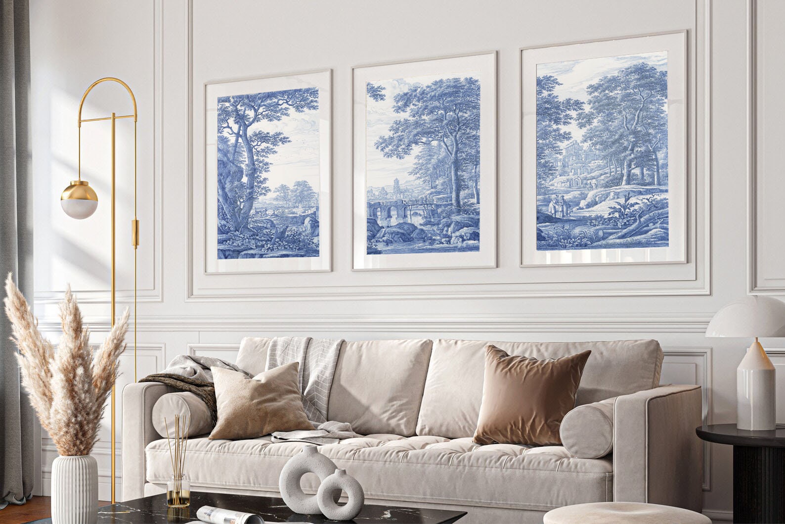 Set of 3 Wall Art Prints, Toile De Jouy Poster, Blue White Home Decor ...