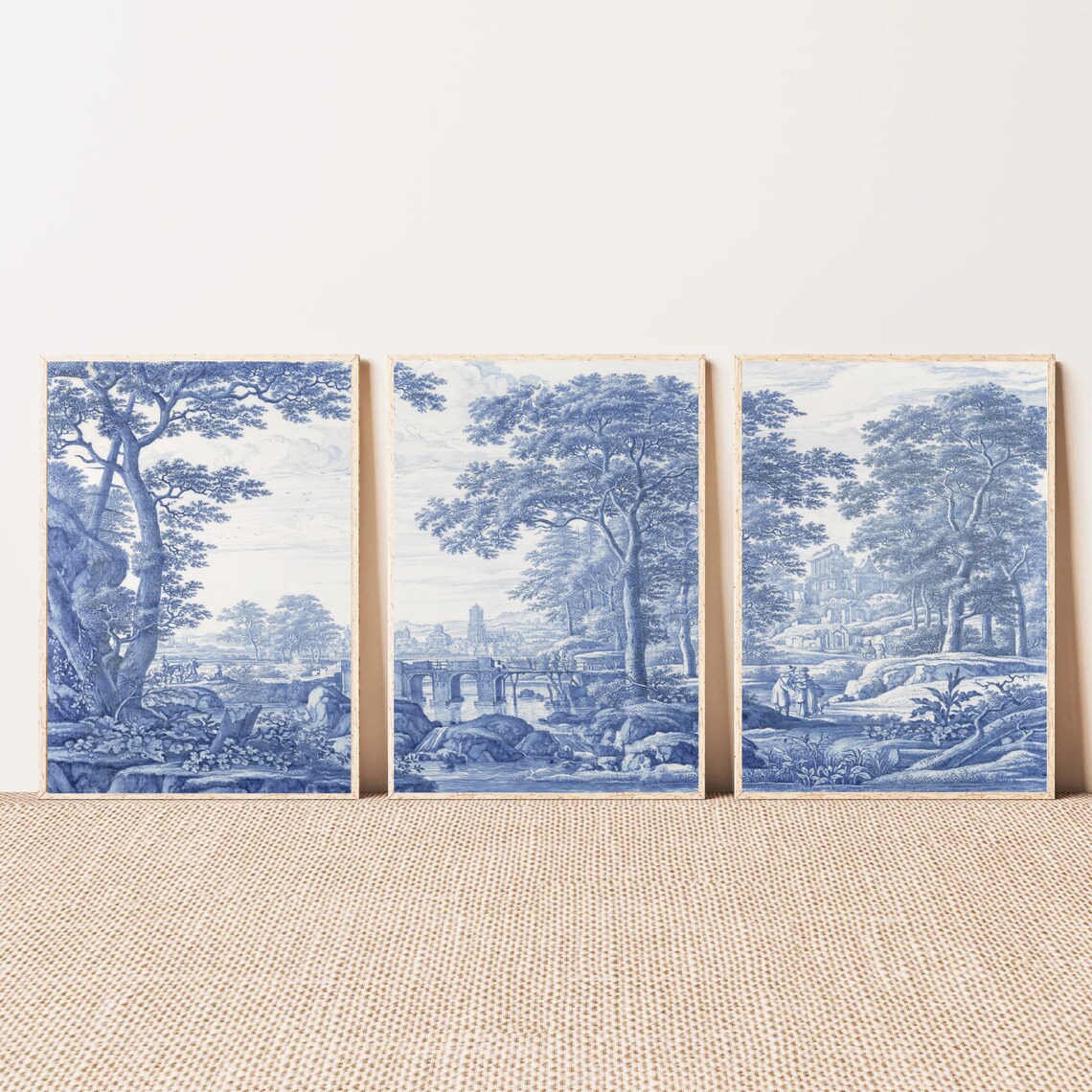 Set of 3 Wall Art Prints, Toile De Jouy Poster, Blue White Home Decor ...