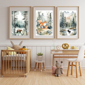 Set 3 Wandkunstdrucke, Kinderzimmer Waldzeichnung, skandinavische Wohndekoration, Herbstillustration, Aquarell Kinderzimmer Galerie, Waldtiere