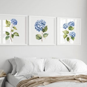 Set van 3 kunstafdrukken aan de muur, hortensia aquareltekening, blauw interieur, bloemenmuurgalerij, bloemenslaapkamerornament, bloemenschilderij