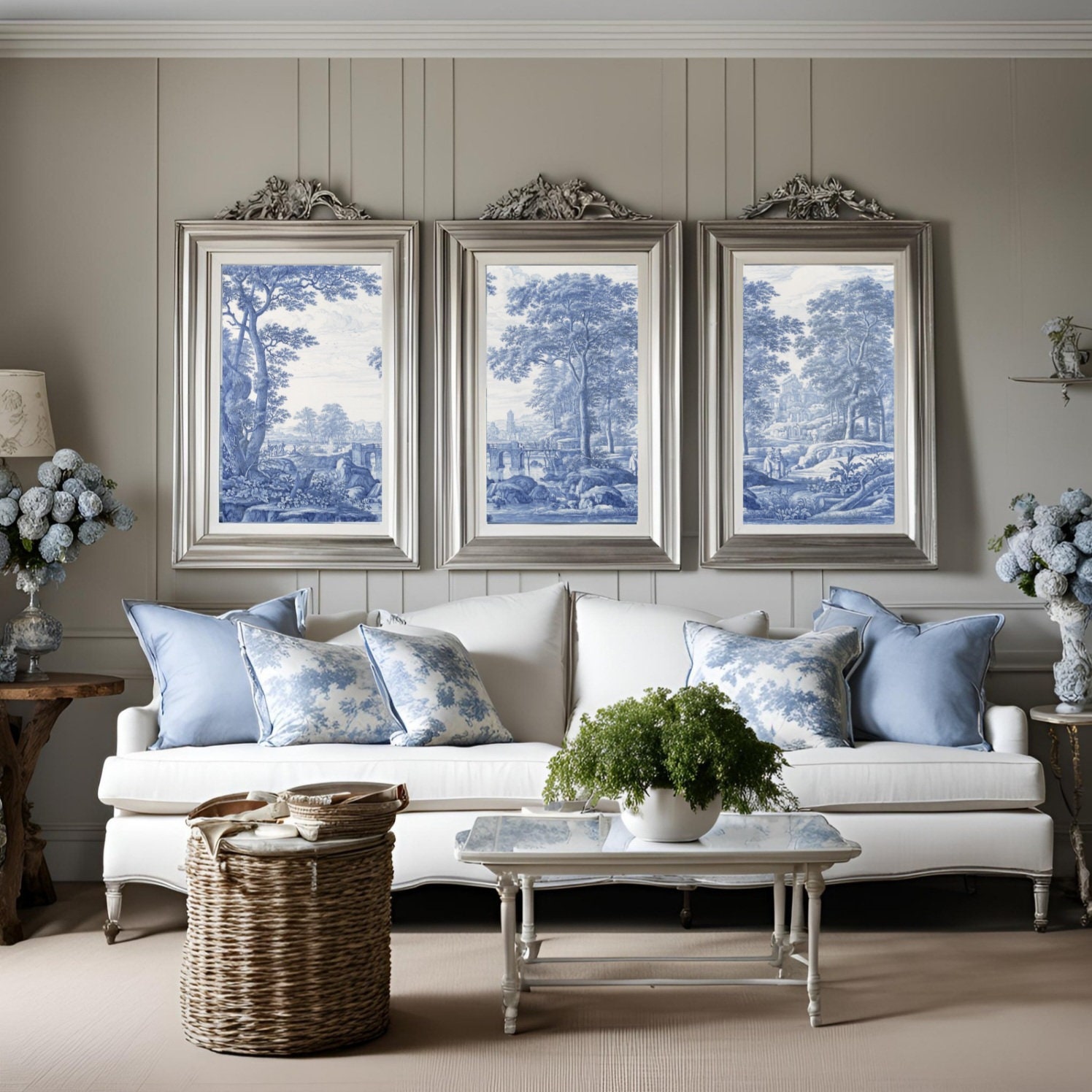 Set of 3 Wall Art Prints, Toile De Jouy Poster, Blue White Home Decor ...