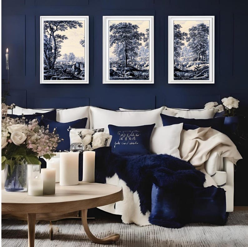 Set of 3 Wall Art Prints, Toile De Jouy Poster, Navy Blue White Home ...