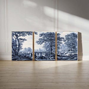 Set of 3 Wall Art Prints, Toile De Jouy Poster, Navy Blue White Home ...