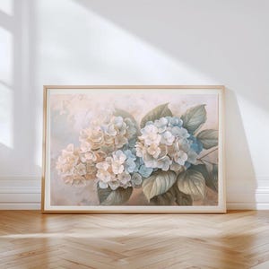 Impression d'art mural d'hortensia, affiche de fleurs beiges, ornement de chambre, peinture florale, décoration intérieure, dessin de fleurs vintage, tenture murale horizontale