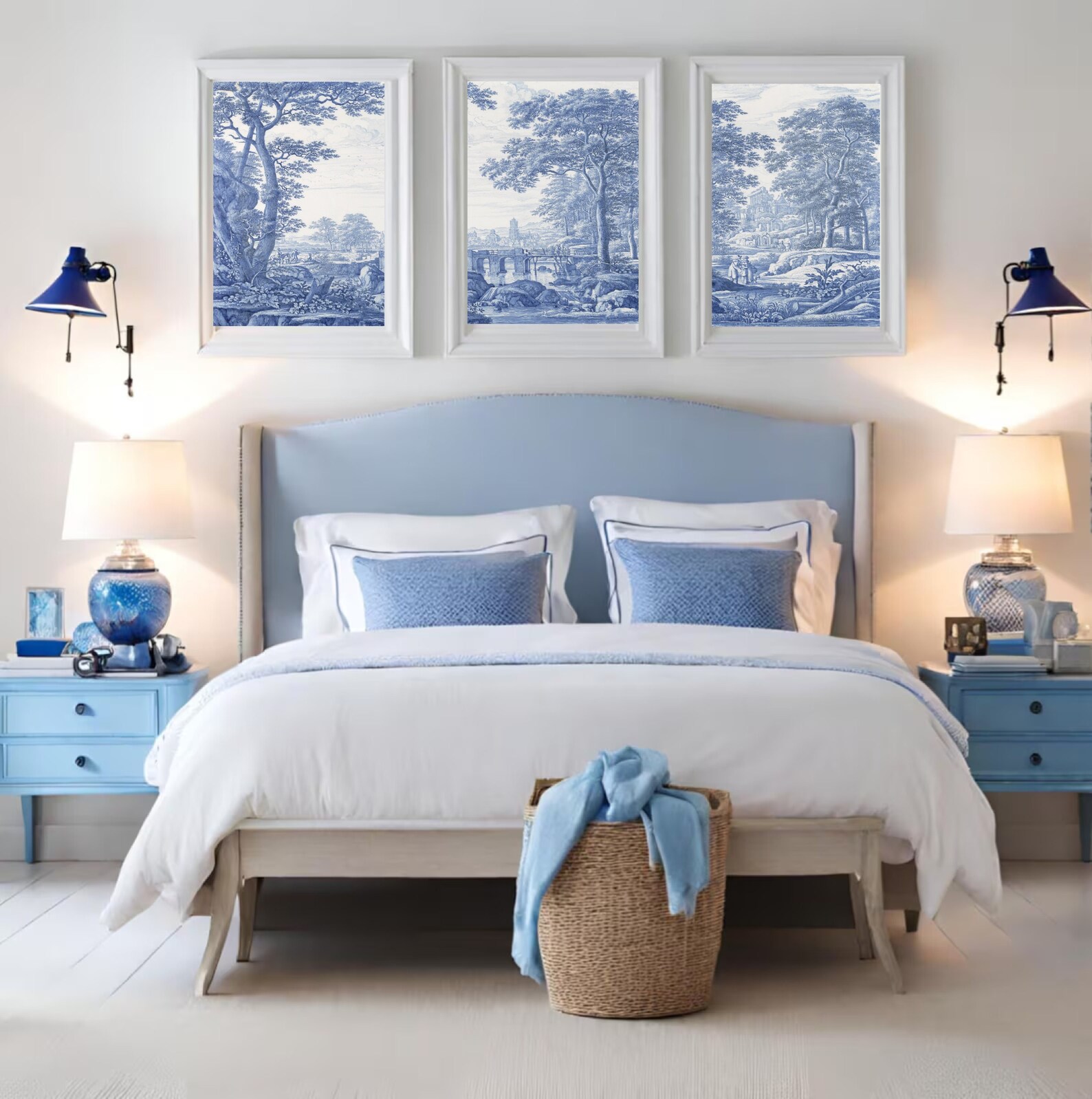 Set of 3 Wall Art Prints, Toile De Jouy Poster, Blue White Home Decor ...