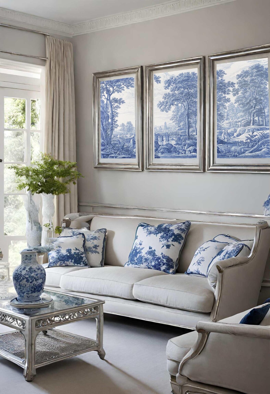 Set of 3 Wall Art Prints, Toile De Jouy Poster, Blue White Home Decor ...