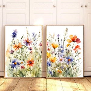 Set van 2 muurkunstafdrukken, aquareltekening van wilde bloemen, boho home decor, beige muurgalerij, bloemenslaapkamerornament, bloemenveldschildering