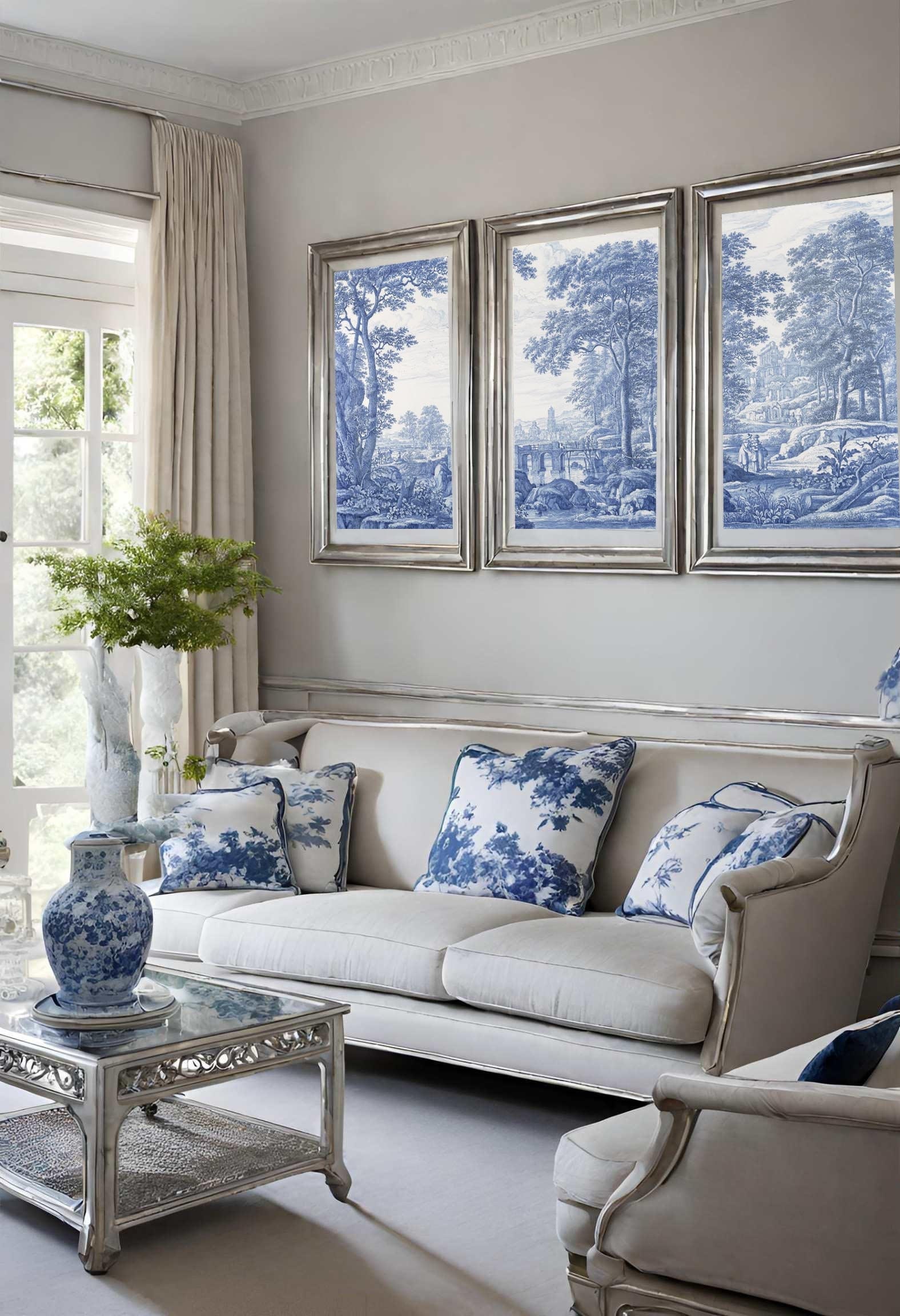 Set of 3 wall art prints, toile de jouy poster, blue white home decor, large wall gallery, livingroom art wall, french bedroom ornament