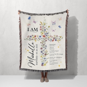 Personalized Baby Girl Baptism Blanket: Floral Cross Woven Christening Gift