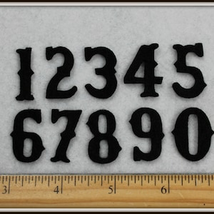 May include: Black felt numbers 1 through 0, each number is approximately 1 inch tall.