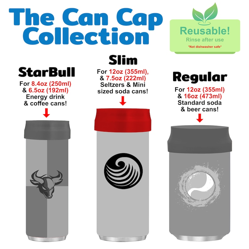 May include: Three reusable can caps for different can sizes. The StarBull cap is for 8.4 oz (250 ml) and 6.5 oz (192 ml) cans. The Slim cap is for 12 oz (355 ml) and 7.5 oz (222 ml) cans. The Regular cap is for 12 oz (355 ml) and 16 oz (473 ml) cans. The caps are gray, red, and black.