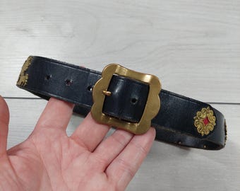 Vintage Swiss collar for dogs, leather, black collar, collar with cows, genuine handmade