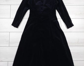 Vintage 1980s Laura Ashley velvet black dress, Made in Great Britain, size UK12 USA10