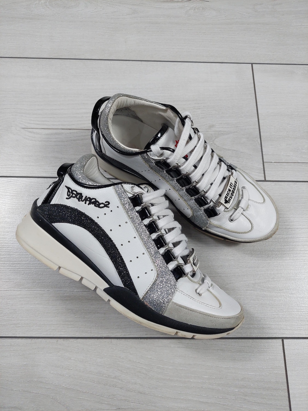 Dsquared2 551 White Black Glitter Sneaker Size 36, Genuine Leather