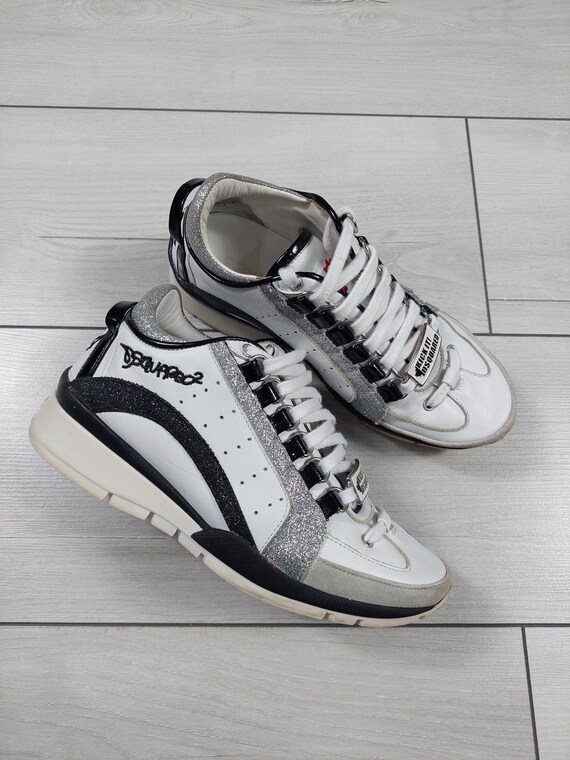 Dsquared2 551 White Black Glitter Sneaker Size 36, Genuine Leather