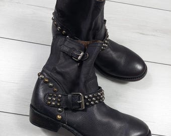 ASH black leather boots with metal spikes in punk rock style Size 39EUR