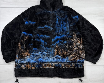 Vintage Bear Ridge Winter-Fleecejacke mit Reißverschluss aus den 1990er Jahren, Größe L / Allover-Print / Outdoor / Hergestellt in den USA