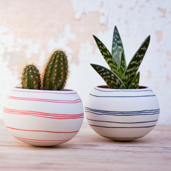 ceramic cactus planter (orange stripes). porcelain mini planter for, cacti, succulent or air plant. Crafted by Wapa Studio.