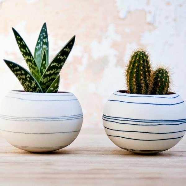 colorful porcelain planter light gray stripes. Ceramic planter for cactus, succulent, air plant. Mini pot for plants Crafted by Wapa Studio.