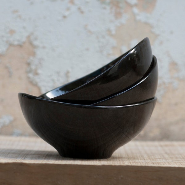 Three Black Porcelain Bowls. For soup, cereal or personal salad. Modern ceramic design. Designed by Wapa Studio.