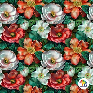 Padrão de flores reais 3D sem costura com folhas detalhadas, cores vibrantes, aparência realista, perfeito para designs de 12 x 12 polegadas, 300 DPI