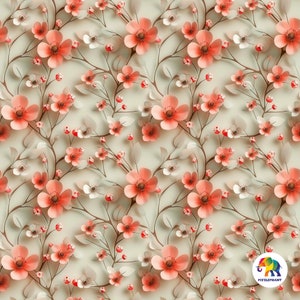 Estampa com estampa floral com tema de primavera, flores esparsas 3D com folhas pequenas, cores vibrantes e frescas, delicadas e elegantes, 12 x 12 polegadas, 300 DPI