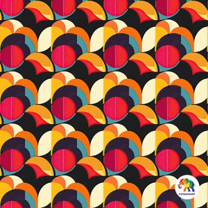 Motif rétro, couleurs vives, formes géométriques, style années 70, audacieux et ludique, conception numérique transparente, 30 x 30 cm, 300 ppp