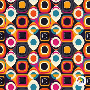 Motif géométrique rétro aux couleurs vives, style années 70, audacieux et ludique, 30 x 30 cm, impression haute qualité 300 ppp
