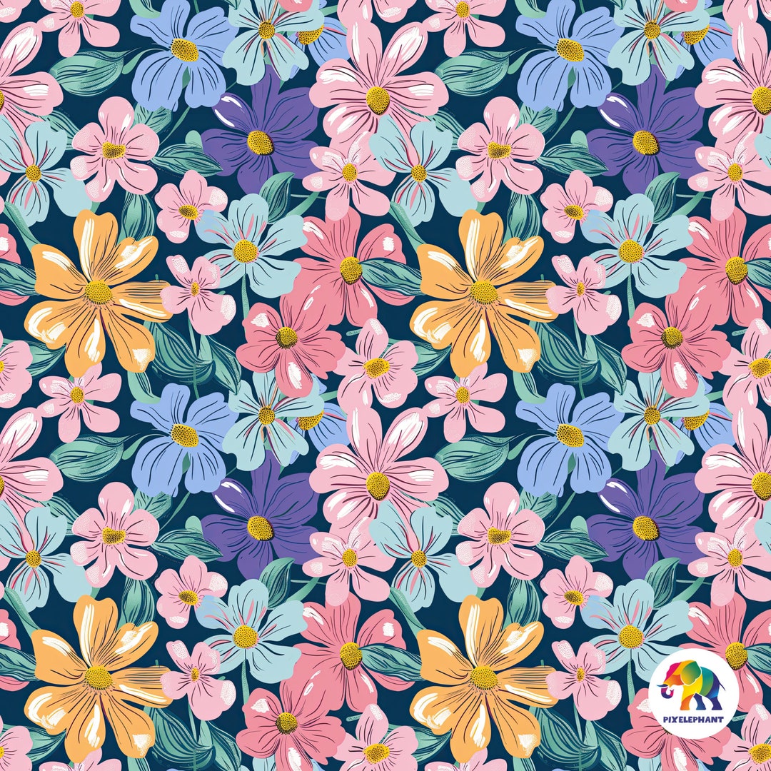 Vibrant Seamless Flower Pattern Digital Paper, 12x12 Inch, 300 DPI ...