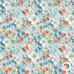 Padrão floral com tema de primavera com flores esparsas e folhas pequenas, cores vibrantes e frescas em 3D, impressão de 12 x 12 polegadas e 300 DPI