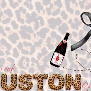 Puede incluir: Gráfico digital con fondo de estampado de leopardo. Se muestran las palabras "Spring Break Houston Girls Trip". También se incluye una botella de champán, un lazo negro y un corazón punteado con un avión.