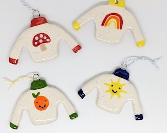 Mini happy sweater ceramic ornament | holiday ornament | stocking stuffer | rainbow | orange | lemon | daisy | sun | mushroom