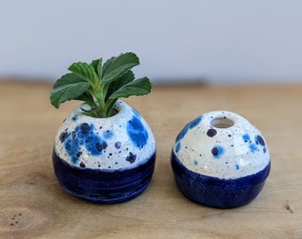 Two toned peacock eyes and blue ceramic mini pots | mini vase | tiny vase | tiny pot | stocking stuffer | air plant holder | incense holder