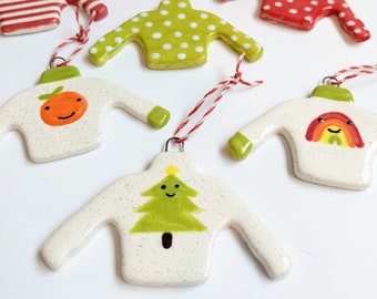Assorted patterns holiday sweater ceramic ornament | holiday ornament | stocking stuffer | stripes | polka dots | tree | orange | rainbow